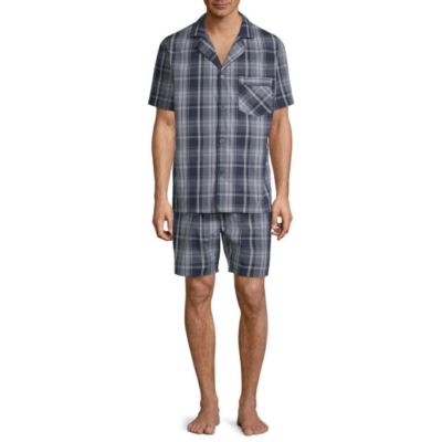 Stafford Men's Broadcloth Pajama Set SS Shirt Shorts SMALL Navy Plaid NEW