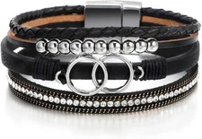 Leopard Bracelet for Women, Boho Leather Wrap Multi-Layer Pearl Crystal