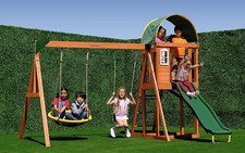 BACKYARD WOODEN SWING SET W/ 2-PERSON SAUCER SWING 6' SLIDE PLAYGROUND FORT