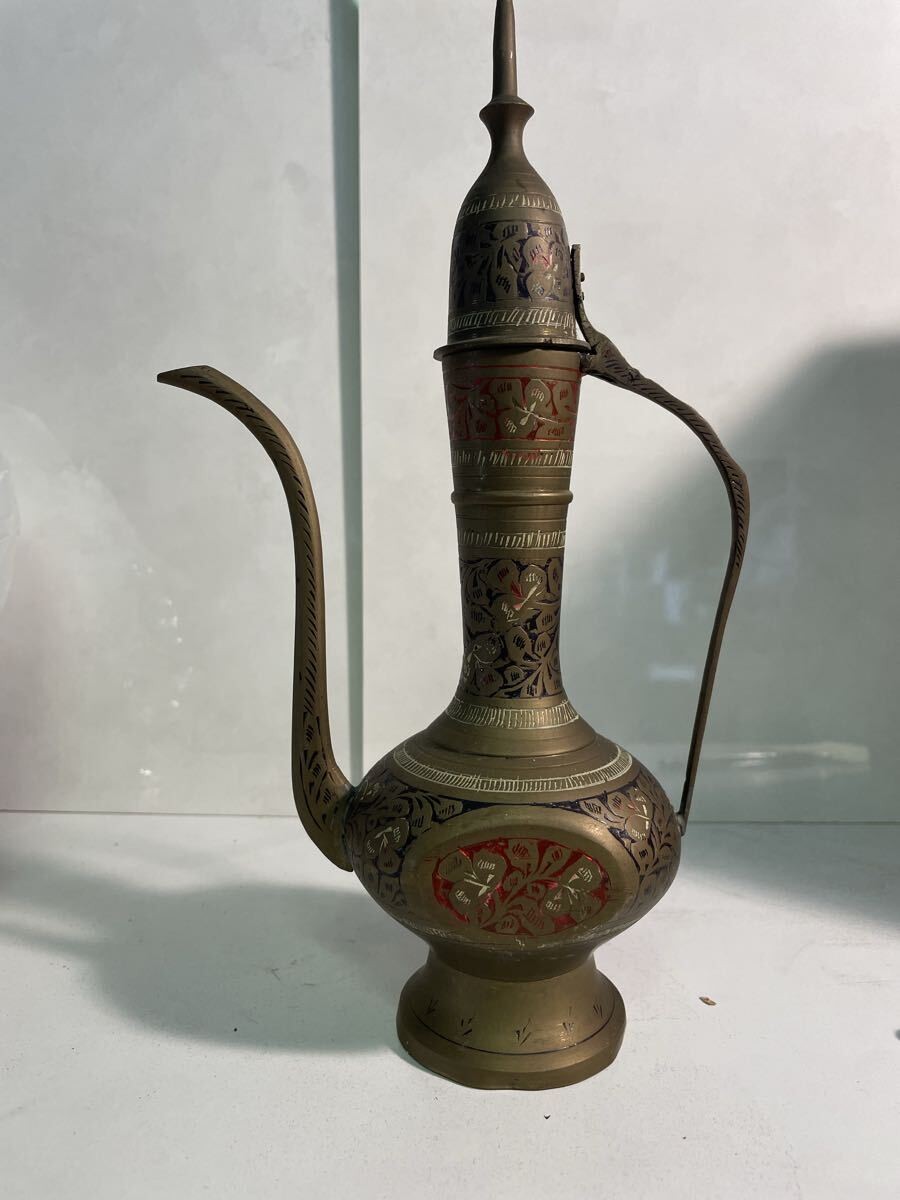 Antique Brass Dallah Ibrik Coffee Pot Arab Style Engraved Floral Design 30cm