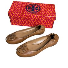 Tory Burch Women sz 8 Reva Tumbled Leather Tonal Logo Royal Tan Ballet Flats