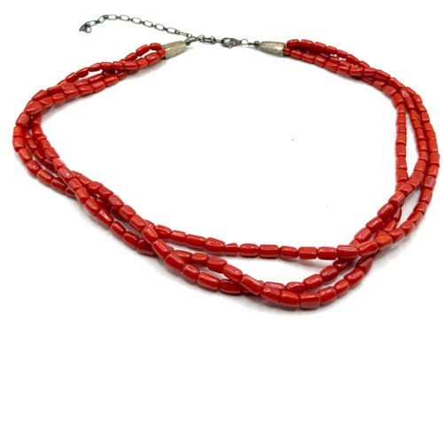 Vintage 90s Red Coral 3 Strand Southwestern Sterling Cone Necklace