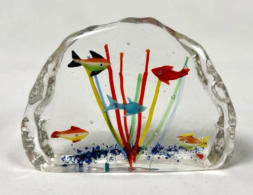 💥Vintage Murano Style Art Glass 5 Fish Aquarium Paperweight Controlled Bubble.