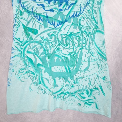 Ed Hardy Sukienka Damska Medium Aqua Tiger Tatuaż Grafika Dekolt w serek Mini Sweter Tunika - Zdjęcie 8 z 22