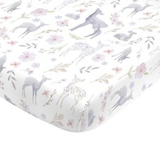 NoJo Super Soft Floral Deer Nursery Crib Fitted Sheet, Grey, Light Blue, Pink, W