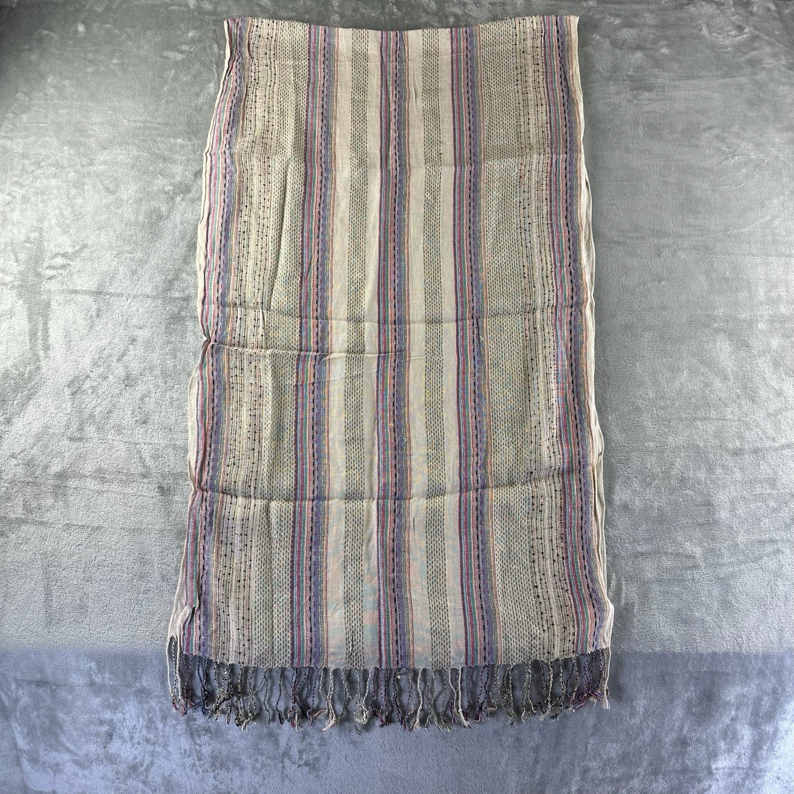 Rectangular Scarf Ivory w/ Multicolored Stripes F… - image 4