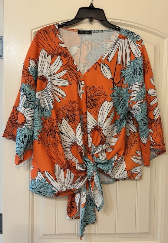 SUCREFAS Orange Daisy Floral Print Front Tie Women's Blouse Top Size 2XL