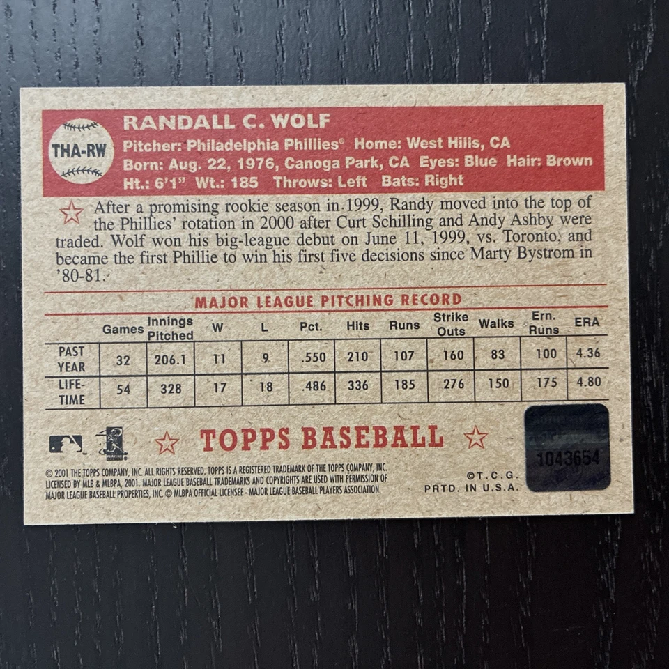 Autógrafo Topps Baseball Heritage 2001 Randy Wolf #THA-RW Foto 4 de 4