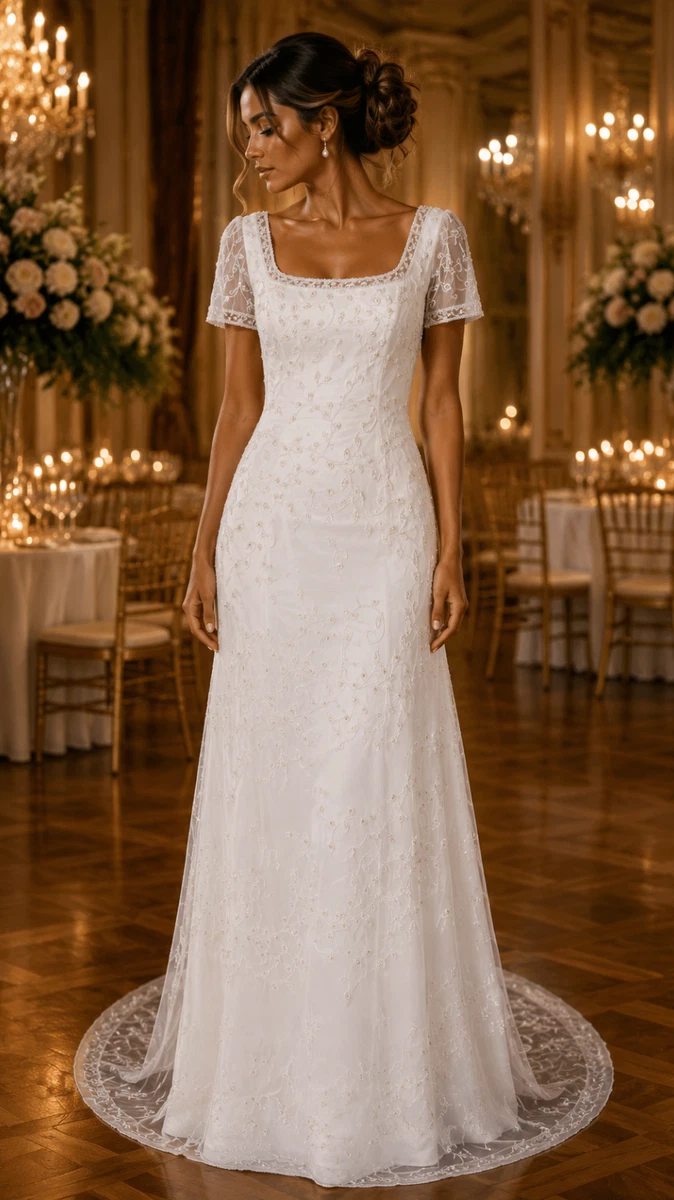 short sleeve boat neck wedding dress Tailored Boat Neck Maxi Wedding Dress, Cap Raglan Sleeves Ivory Megan Wedding Gown, Empire Waist Modest Maxi Dress, Prom Party Dress