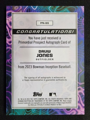 2023 Bowman Inception Druw Jones Blue Autograph #/99 Auto PPA-DJS - Picture 2 of 2