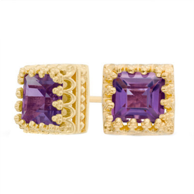 6.0MM Crown Stud Earrings Princess-Cut Simulated Amethyst 925 Sterling Silver