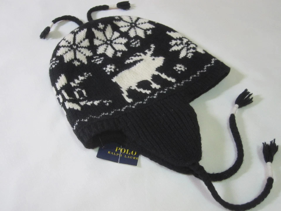 Polo Ralph Lauren Moose Shetland Wool Trapper Hat Snowflake Tassel (Black | NWT) - Image 4 of 4