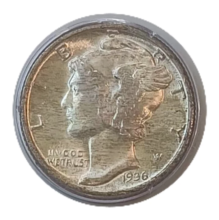 1936 Mercury 90% Silver Dime 10 Cent Coin MS65 PCGS Old Green Rattler Holder OGH - Image 3 of 4