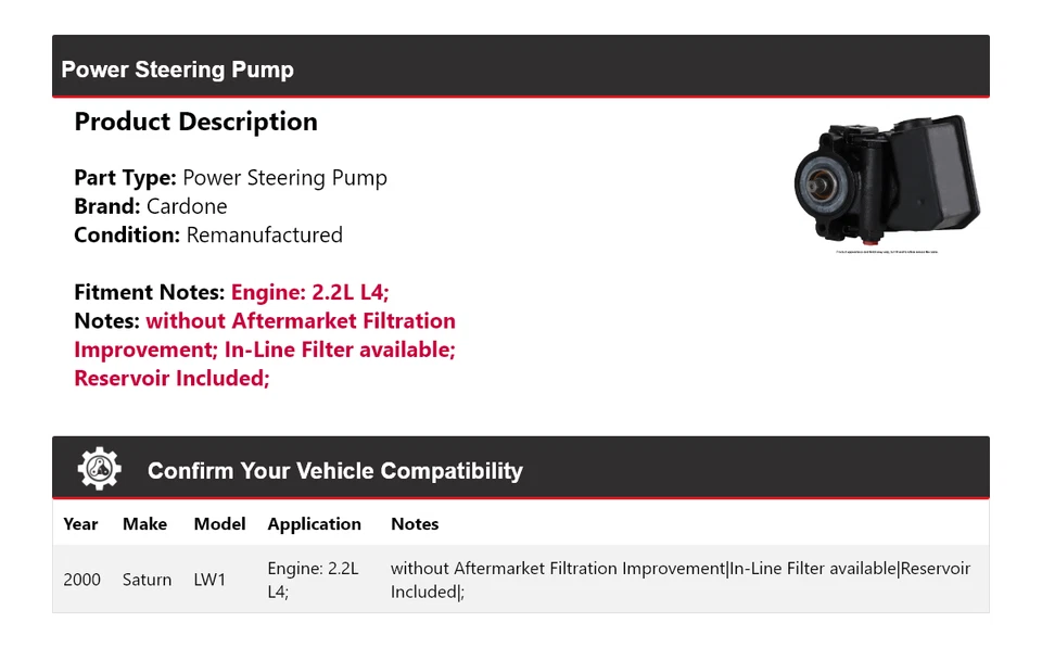 For 2000 Saturn LW1 2.2L L4 Power Steering Pump Cardone - Image 2 of 4
