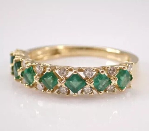 Princess Cut Simulated Green Emerald Engagement Band Ring 14k Yellow Gold Plated - Picture 6 of 8