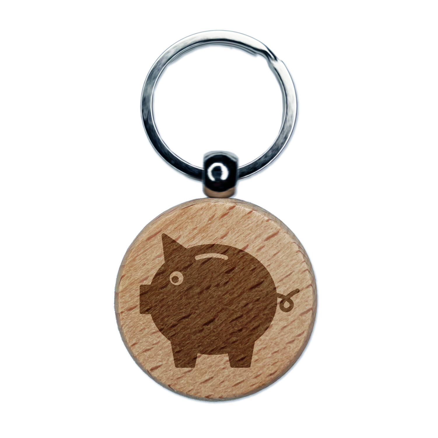 Piggy Bank Solid Engraved Wood Round Keychain Tag Charm