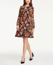 Ann Taylor Factory Red Orange Black Poppy Floral Long Sleeve A-Line Dress 4