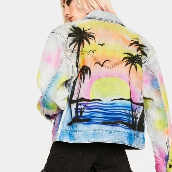 NWT BLANK NYC Good Riddance Airbrush Denim Jacket Tropical Palm