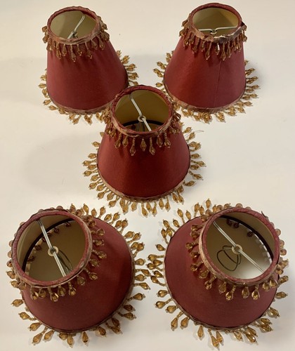 5 Antique Clip-on Mini Lamp Shades Burgundy Silky Shade Gold Color Beads 5”T 6”D - Picture 2 of 12