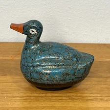 Vtg Hand Painted Duck Trinket Box Blue/Gold Lacquer Paper Mache Kashmir India