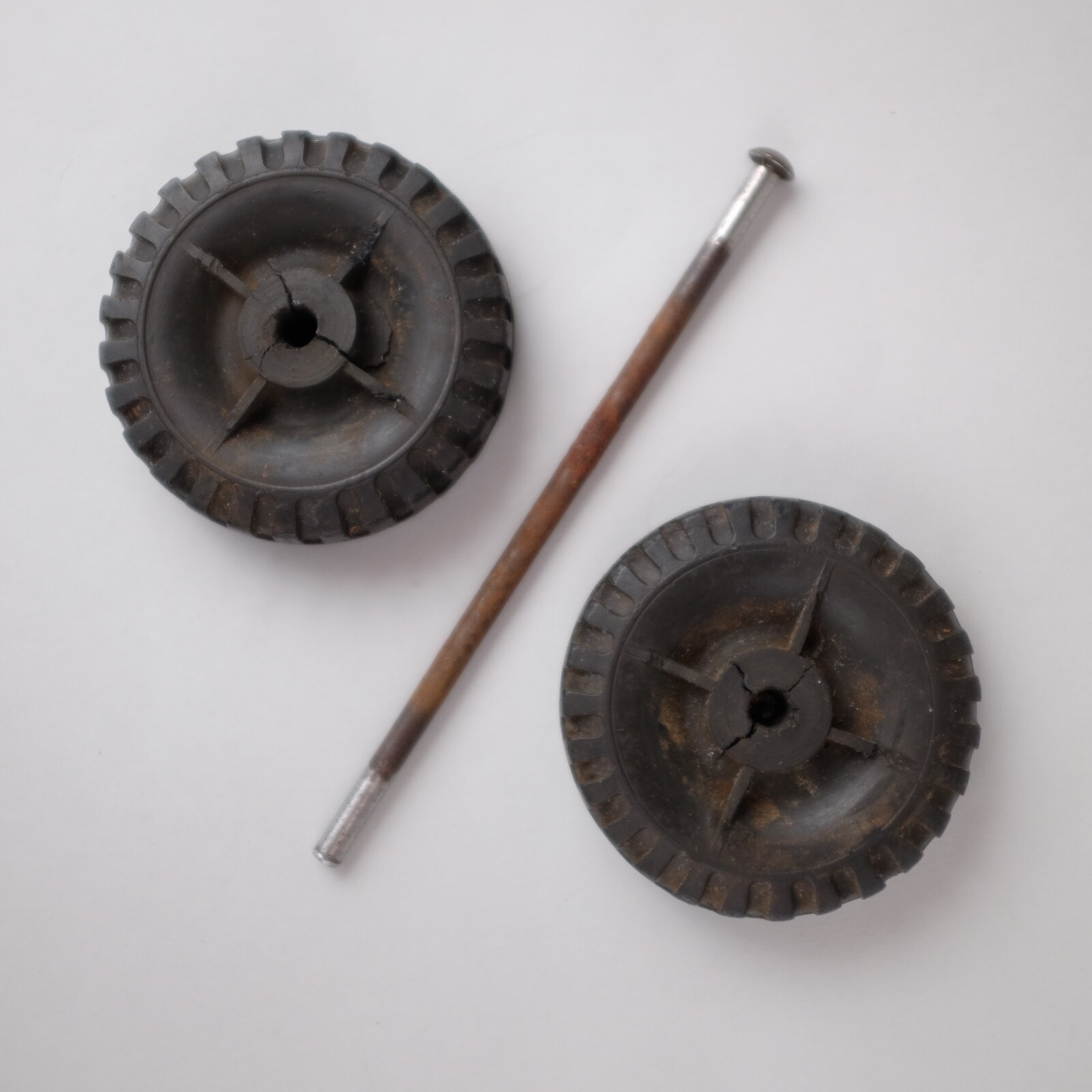 1957 Tonka Solid Rubber Tire & Hubcap Pair w/ Wire Axle Set USA Toy