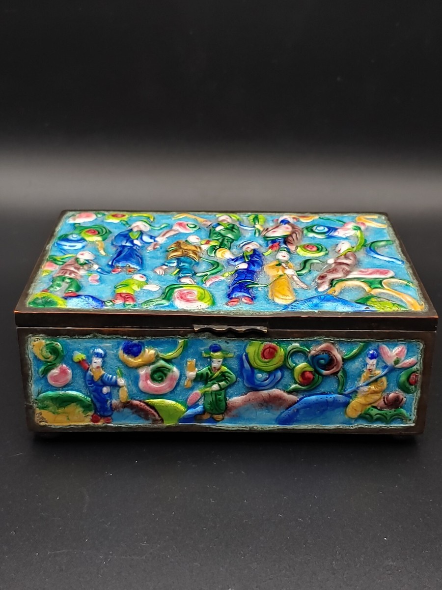 清代烧蓝珐琅彩八仙过海镀银铜胎珠宝盒Antique Chinese Falangcai