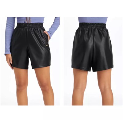 Fabletics Black Faux Vegan Leather Stretch Waistband Active Shorts Pockets XS