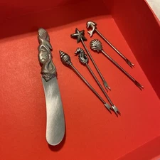 Silver Plated Cocktail Appetizer Hors d'oeuvre 5 Forks & Pewter Cheese Spreader 