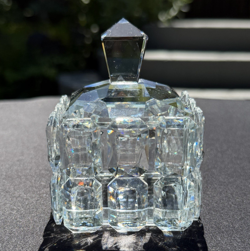 Vintage Crystal Trinket Box w/ Faceted Lid – Unmarked Glass Jewelry Box –
