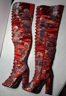 BAMBOO RED FLORAL EMBROIDER ASIAN OVER THE KNEE THIGH HEEL PEEP TOE BOOTS SZ 5.5