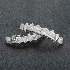 Silver Cz Fangs Teeth Grillz Set 8 Top 8 Bottom Hip Hop Jewelry