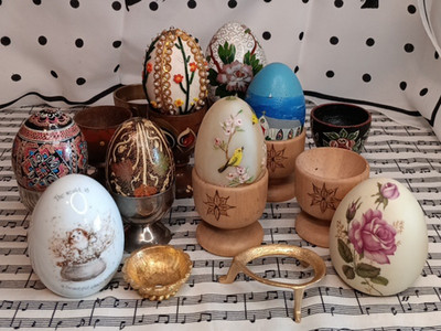 Vintage Egg Cups and Stands With Assorted Easter Eggs Lot