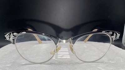 Vintage Artcraft 12K Gold Filled Cat Eye Eyeglasses Black Silver Floral 1950s