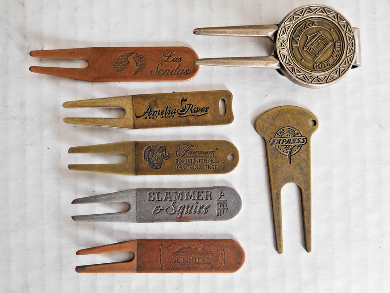 LOT of 7 Metal Divot Repair tool tools from Different Clubs ~one with Money Clip