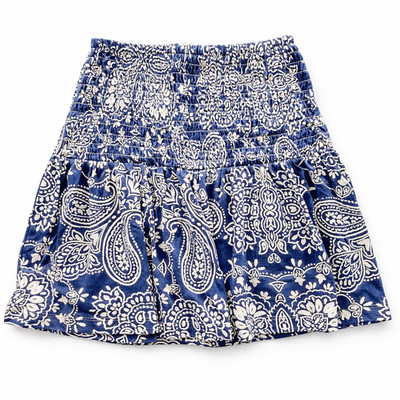 H&M Blue Paisley Mini Skirt   Size Small   Smocked Waist Boho Festival Style 