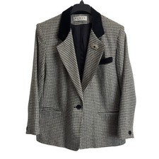 Dumas Vintage Houndstooth Blazer 12 Black White Velvet Collar Brooch Made in USA