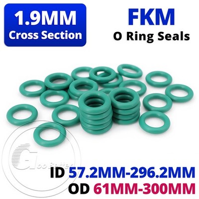 Metric Rubber FKM O Ring Seals 1.9mm Cross Section 61mm-300mm OD - Green