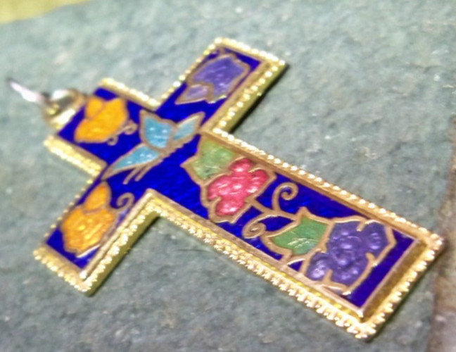 VINTAGE cross pendant Large colorful purple stained glass window enamel gold