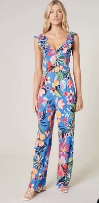 Sugarlips Inez Tropic Floral Ruffle V-Neck Tie Back Jumpsuit size M