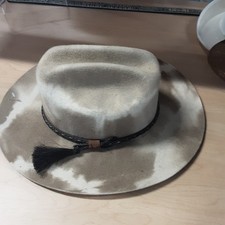 Cowhide Brown and White Wide-Brim Western Hat with Braided Tassel Band Size L
