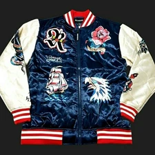 Reason Mens Varsity Satin Bomber Graphic Large Blue Jacket