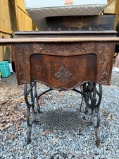 Antique Treadle Sewing Machine Ornate Wood Cabinet Cast Iron Base Pre-1930