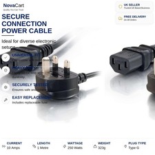 UK Power Cable 1m - IECC13 to BS1363 - Kettle Lead Black 2 Pack - Pack Of 2