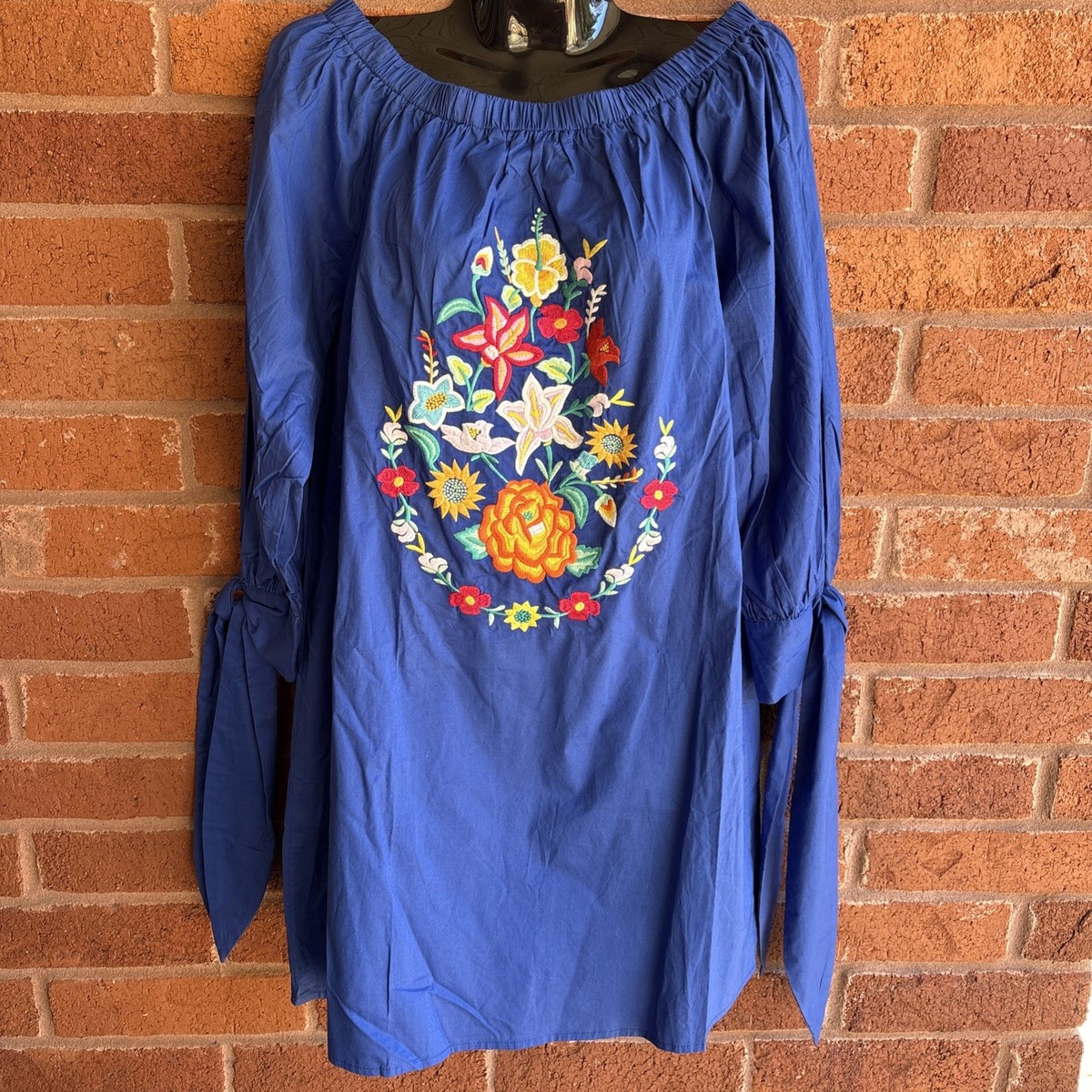 NWT Velzera Floral Emroidered Off The Shoulder Midi Dress Tunic Blue Size  Large | eBay