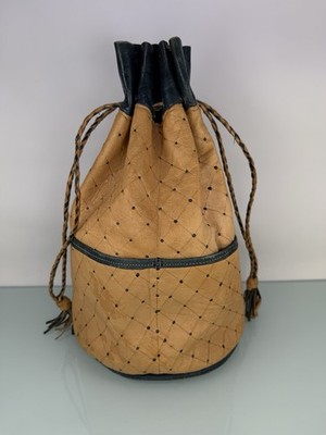Rare Handmade Leather Bucket Bag Tan Navy Quilted Drawstring Boho Vintage Artisa