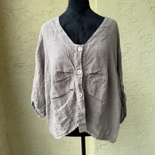 Match Point V-neck Linen Shirt Blouse Sz M Tan Button Front Roll Tab Sleeve NWT