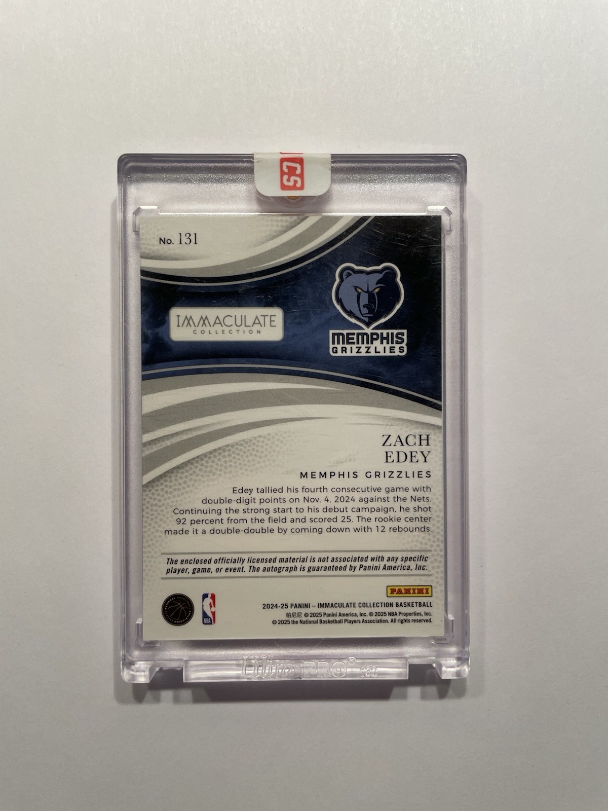 ZACH EDEY -- 2024-25 Immaculate #131 Rookie Patch Auto /99 RPA GRIZZLIES view 2