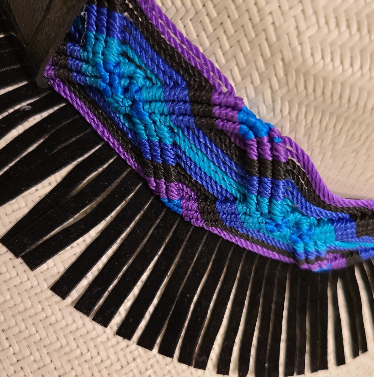 Designer Hat Augusto Di Zola Straw Off White Purple Blue Black Band Fringe Sz M Designer Hat Augusto Di Zola Straw Off White Purple Blue  main image 2