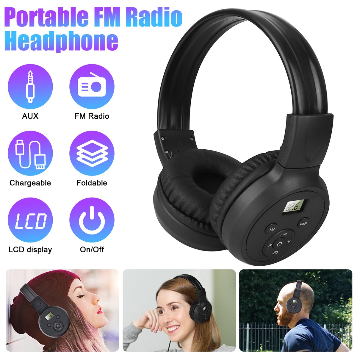 Wireless FM Radio Headphones Rechargeable Foldable Over-Ear