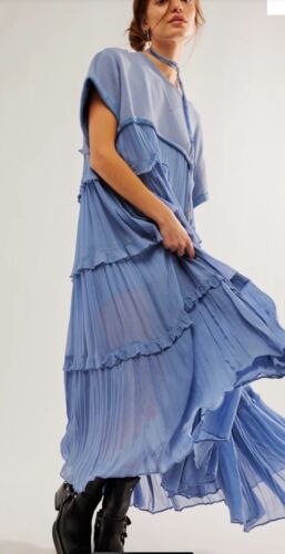 Free People Stacy Maxi Dress Ruffled Tiered Bottom Drop Sleeves Denim Grey S NWT